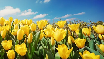 Wall Mural - tulips field in the spring yellow tulips blooming against blue sky horizontal banner