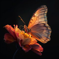 Wall Mural - A stunning butterfly delicately perched on a vibrant flower against a dramatic black background