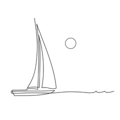 Wall Mural - Yachts on sea waves. Seagull in the sky. Continuous line  drawing illustration. Isolated on white background