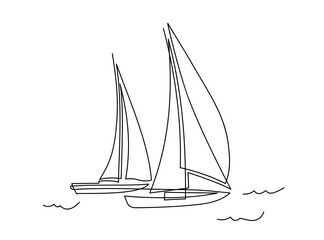 Wall Mural - Yachts on sea waves. Seagull in the sky. Continuous line  drawing illustration. Isolated on white background