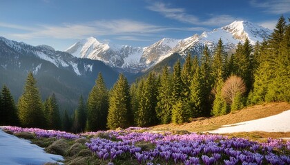 Canvas Print - morning view of spring forest and mountains with snow