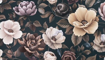 Wall Mural - dark seamless pattern with flowers applicable for fabric print textile wrapping paper wallpaper botanical background with plants vintage classic style repeatable texture generative ai