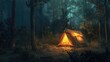 © 69 - Tent illuminated from within against a dark forest background, creating a magical and inviting camping scene