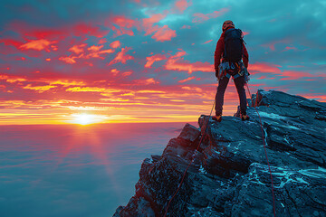 Rock Climber Silhouette Sunset Granite Cliff