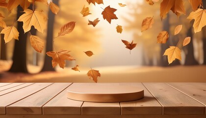 Wall Mural - elegant wooden podium with autumn leaves gracefully falling in a warm light background creating a peaceful and serene autumnal atmosphere for seasonal presentations and displays