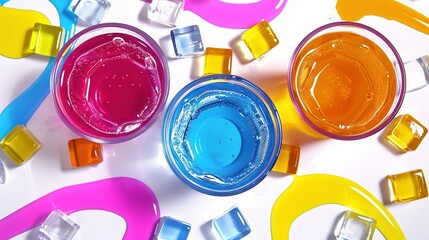 Poster -   A collection of vibrant mugs resting atop a white table, alongside a set of blue, yellow, and pink glasses