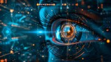 Close-up view of human eye with digital hologram. Cyber security concept