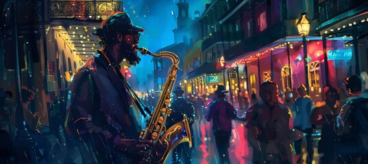 Vibrant Jazz Performance on New Orleans Street at Night with Dancing Crowd and Colorful Lights