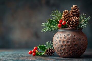 Wall Mural - Christmas ornaments. Side view. Pine needles, pine cones and red berries. Shallow focus. Copy space