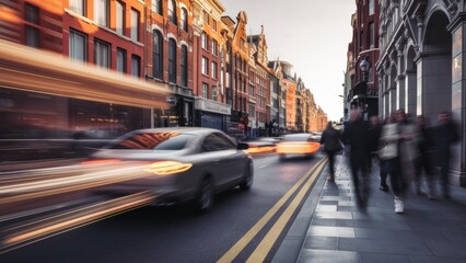 Naklejka na meble A city street with cars and people walking on the sidewalk, AI