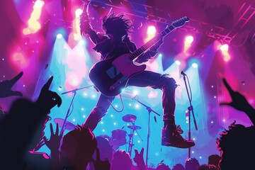 Wall Mural - High-Energy Rock Concert with Guitarist Jumping Mid-Air Under Bright Stage Lights