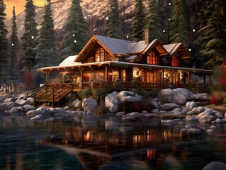 Wall Mural - Beautiful wooden house on the shore of a mountain lake at sunset. 3d rendering