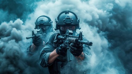 Two Special Forces Soldiers Engage in a High-Stakes Conflict, Advancing Through Smoke and Fire During a Tactical Operation The Soldiers are Armed with Modern Rifles and Equipped with Body Armor,