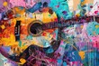 © spyrakot - Colorful Abstract Painting of a Guitar with Musical Notes and Swirling Patterns for Music-Themed Art
