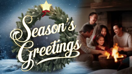 Wall Mural - A family is gathered around a fire in front of the words season's greetings, AI