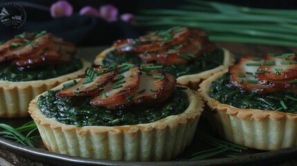 Wall Mural -   Close-up of a cupcake plate with bacon and various toppings including spinach