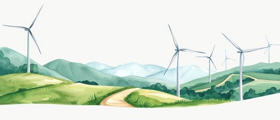 Wall Mural - A delicate watercolor depiction of wind power, capturing wind turbines spinning in the breeze on a hillside, isolate on white background with copy space