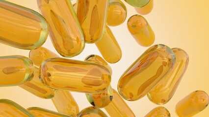 Yellow capsules in this 3D rendering depict vitamin B supplements. B vitamins are essential for energy production, brain function, and overall well-being.