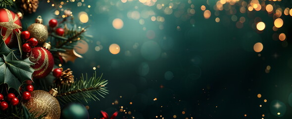 Wall Mural - festive christmas decorations with red and gold ornaments on a dark background, new year decoration,