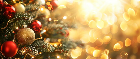 Wall Mural - close-up of a christmas tree adorned with golden lights and colorful baubles, festive atmosphere. ba