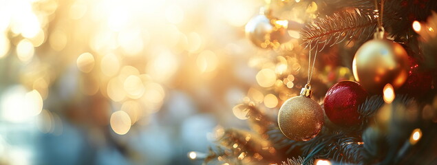 Wall Mural - Close-up of a Christmas tree adorned with golden lights and colorful baubles, festive atmosphere. Banner with copy space