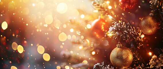 Wall Mural - Close-up of a Christmas tree adorned with golden lights and colorful baubles, festive atmosphere. Banner with copy space