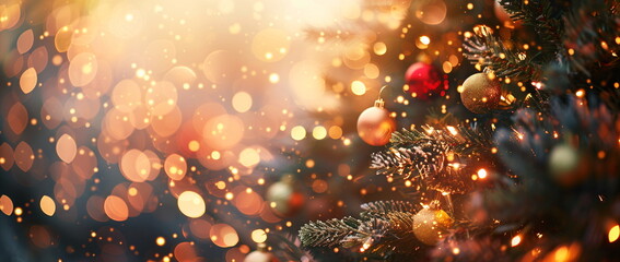 Wall Mural - Close-up of a Christmas tree adorned with golden lights and colorful baubles, festive atmosphere. Banner with copy space