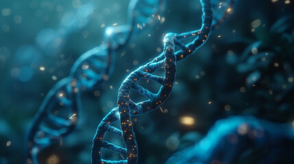 Poster - Blue dna strand rotating with glowing particles