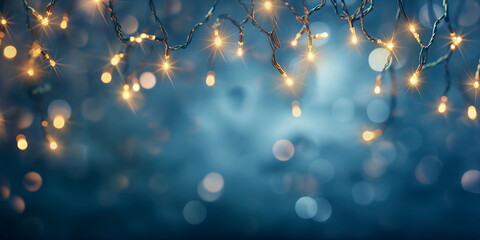 Wall Mural - String lights against a blurred blue background, magical winter atmosphere, festive designs and holiday cards