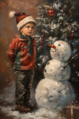 Little boy in a Santa hat standing next to a snowman in front of a decorated Christmas tree, Christmas decorations, xmas holiday festival