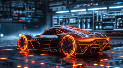 Fototapete - Futuristic sportscar being designed in a high tech laboratory
