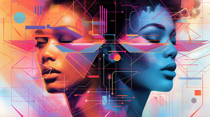 Aufkleber - Two women merging with artificial intelligence technology