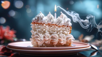 Poster -   A slice of cake topped with creamy white frosting and a flickering candle centered on top