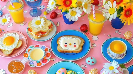 Sticker -   A table topped with plates of food, next to cups of orange juice and bowls of strawberries