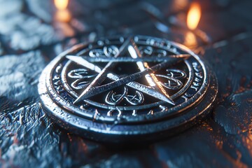 pentagram pentacle made of wood and fire, five-legged symbol of Satanism and sect. Concept: magical rituals, occultism