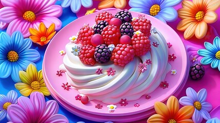 Sticker -   A cake adorned with raspberries and blackberries on a pink platter, surrounded by vibrant flowers and daisies