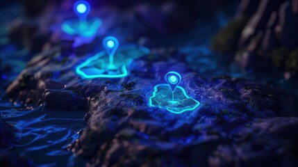 An advanced travel guide uses enchanted map pins that change color to indicate magical hotspots where users can experience enchanted phenomena like floating islands and bioluminesc