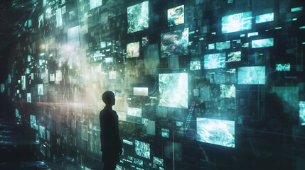 Wall Mural - A silhouette of a man looks at a variety of digital video screens.