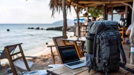 A backpack is sitting on a table next to a laptop generated by AI