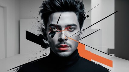 Poster - A man with a black shirt and orange hair is shown in an abstract painting, AI