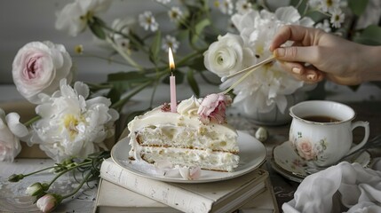   A cake sits on a white plate beside a coffee cup and a bouquet of flowers