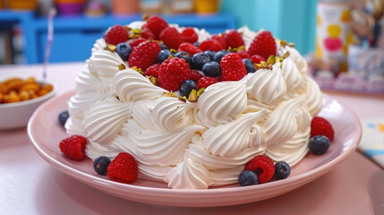 Sticker -   Close-up photo of a cake on a plate adorned with fresh raspberries and blueberries