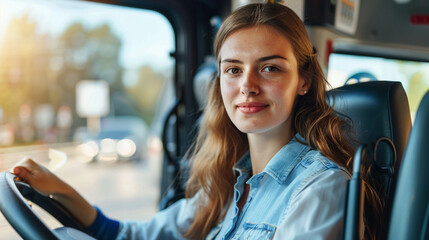 Wall Mural - Professional female bus driver behind steering wheel. Gender equality in work opportunities, breaking stereotypes. Woman with good driver skills for passenger vehicle