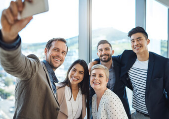 Aufkleber - Business, people and smile with selfie in office for team building, partnership and online update. Happy, HR and employees with digital photography for recruitment, hiring and memory of onboarding