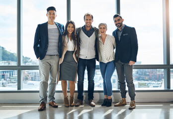 Aufkleber - Team, business people and portrait in office with smile for startup, confident for entrepreneurship with property. Group, agent and workplace with happiness for real estate company with inclusion