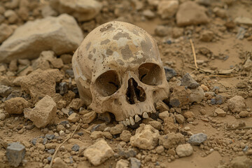 a skull is laying on the ground with a few small rocks