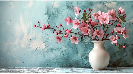 Wall Mural - photo frame mockup,boquet of pink spring flowers in vase on table on white background minimal style floral home decor.stock image