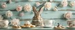 © Navaporn - Rabbit enjoying a tea party with vintage teacups and pastries, charming, quaint