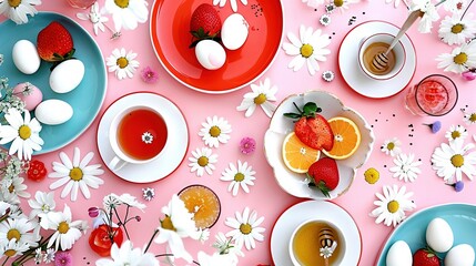   A plate of food sits atop a table, accompanied by cups of tea and a fruit platter featuring oranges and strawberries