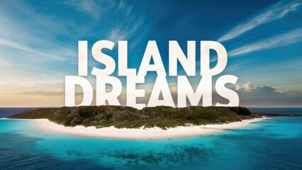 Poster - A white text island dreams over a blue sky with an island in the background, AI